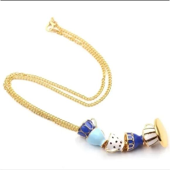 Adorable Hand Painted Enamel Teacups Stacked Necklace - Picture 3 of 5
